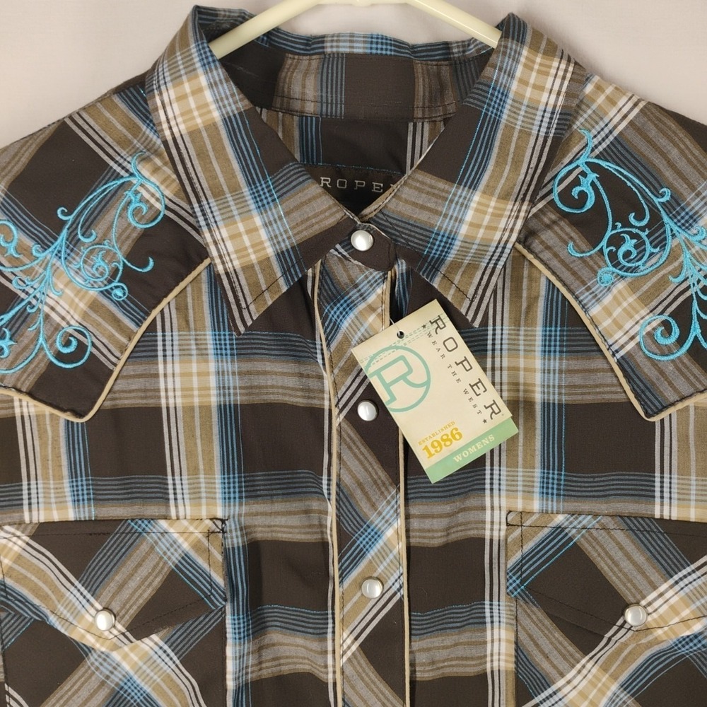Roper Women's 1X Embroidered Brown/Blue Pearl Snap‎ Rodeo Western Style Shirt - Picture 2 of 11